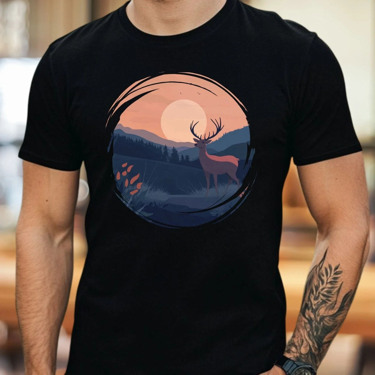 Men's Deer in Nature Motif Cotton T-Shirt Size XS to 5XL
