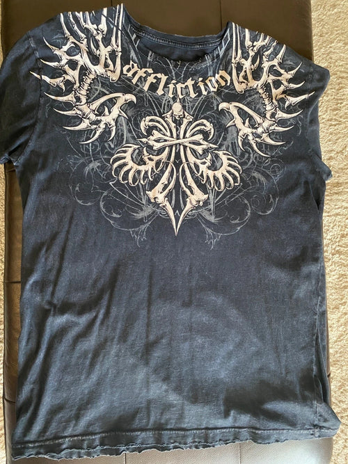 Affliction Mens XL Black Graphic T-Shirt Bone fleur-de-lis  Skull Y2K