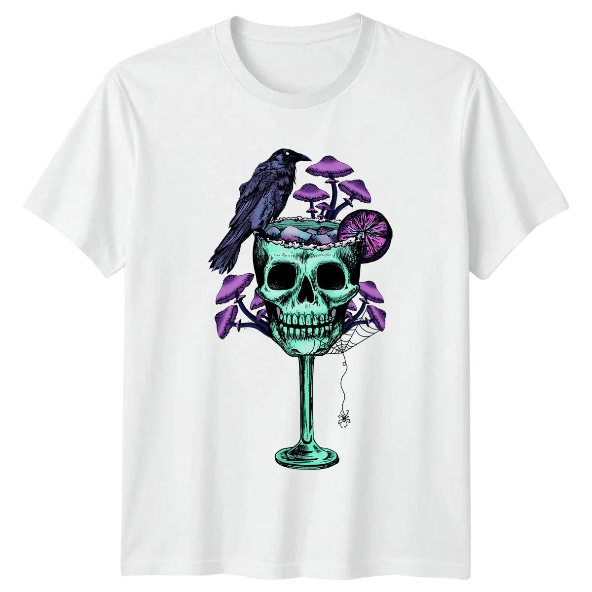 Vintage Skull Raven Mushrooms T-Shirt Gothic Dark Fantasy Birthday Gift