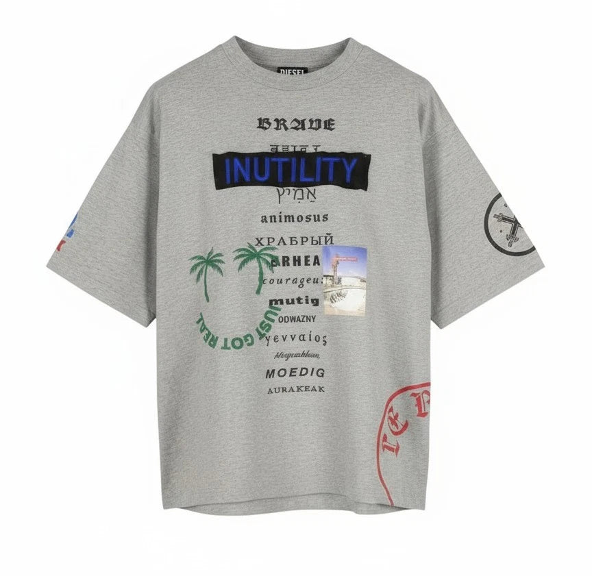 DIESEL T-Balm-B2 Men'S T-Shirt S Grey Melange Oversized Pattern