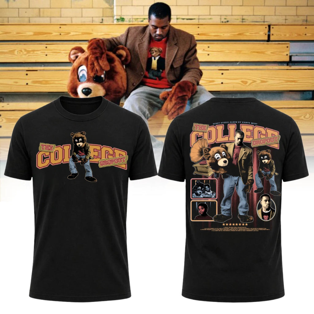 The College Dropout Kanye West T-Shirt Double Sided Hip Hop Rap Tee Men's Black