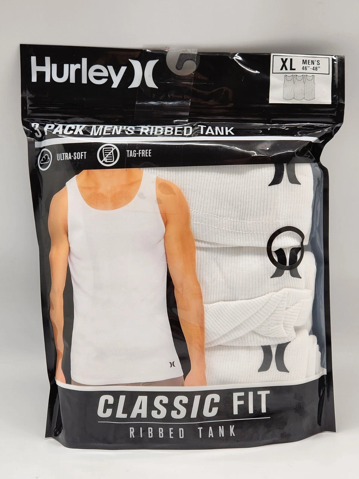HURLEY 3 Pack Men's S M L XL Round Neck White Cotton Ribbed Tank T Shirts