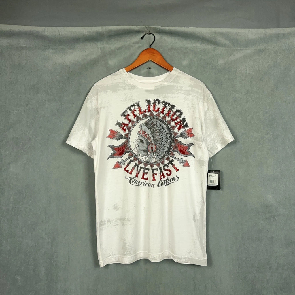 Vintage Y2K Affliction t shirt Mens Size Large White Indian Skull Grunge Biker