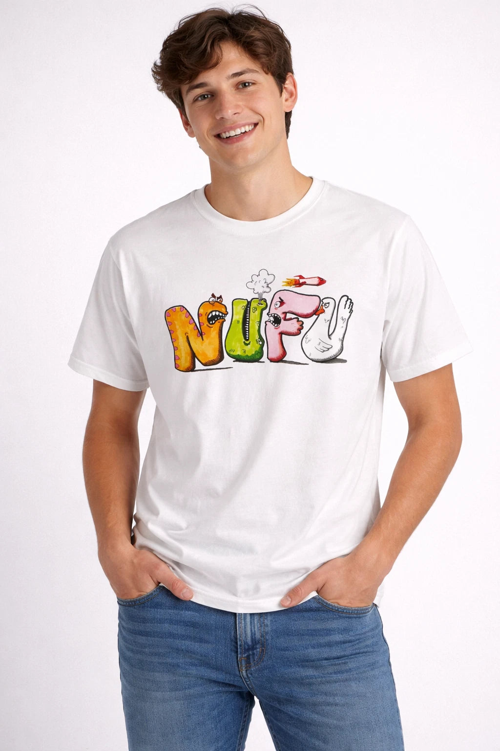 NUFU Streetwear T-Shirt Monster Graphic White Relaxed Med 100% Ringspun Cotton