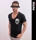 Pistol Boutique Men's Black Fitted Deep V Neck Skull Heart Cross T-Shirt