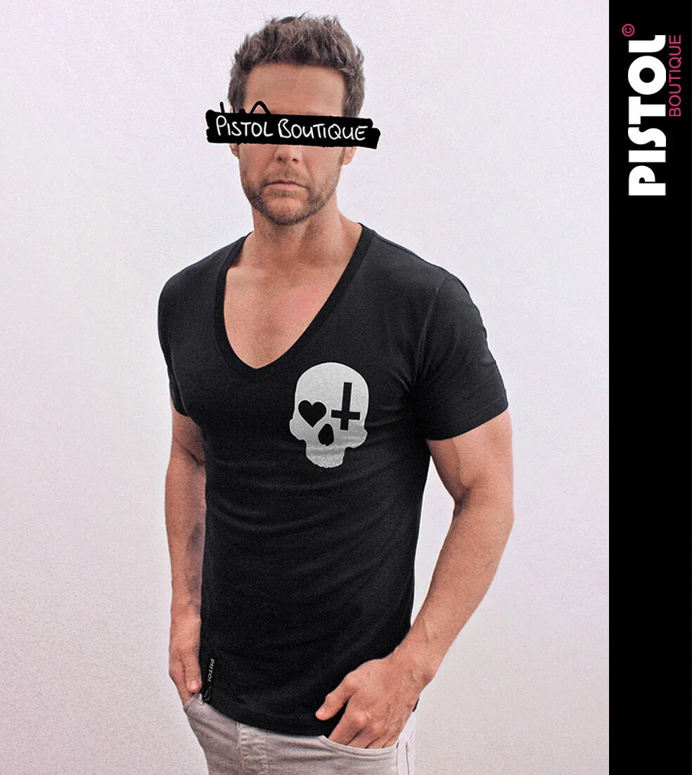 Pistol Boutique Men's Black Fitted Deep V Neck Skull Heart Cross T-Shirt