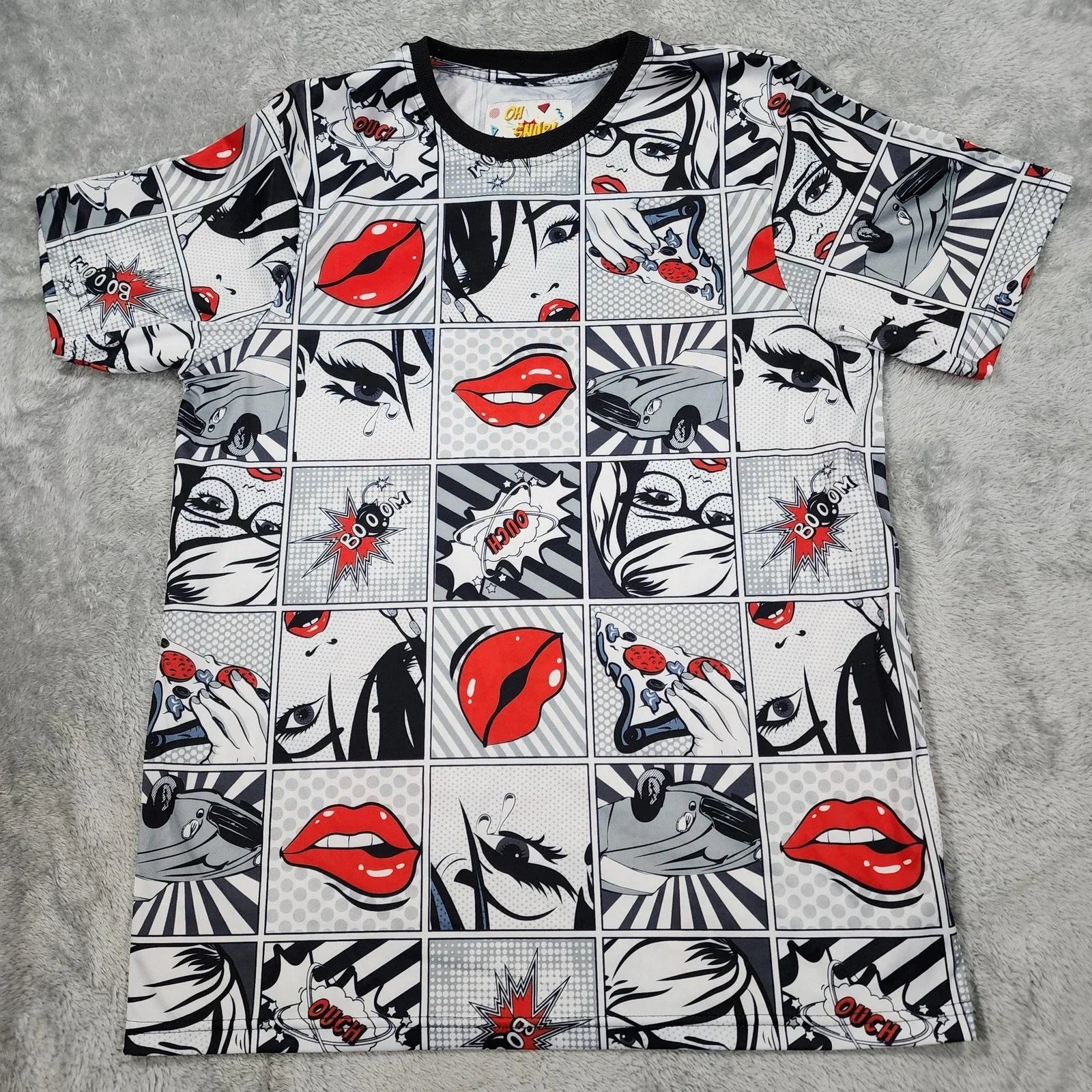 Oh Snap Shirt Mens Medium Pop Art Comic Graphic Lips Crying Car Pizza Polyester