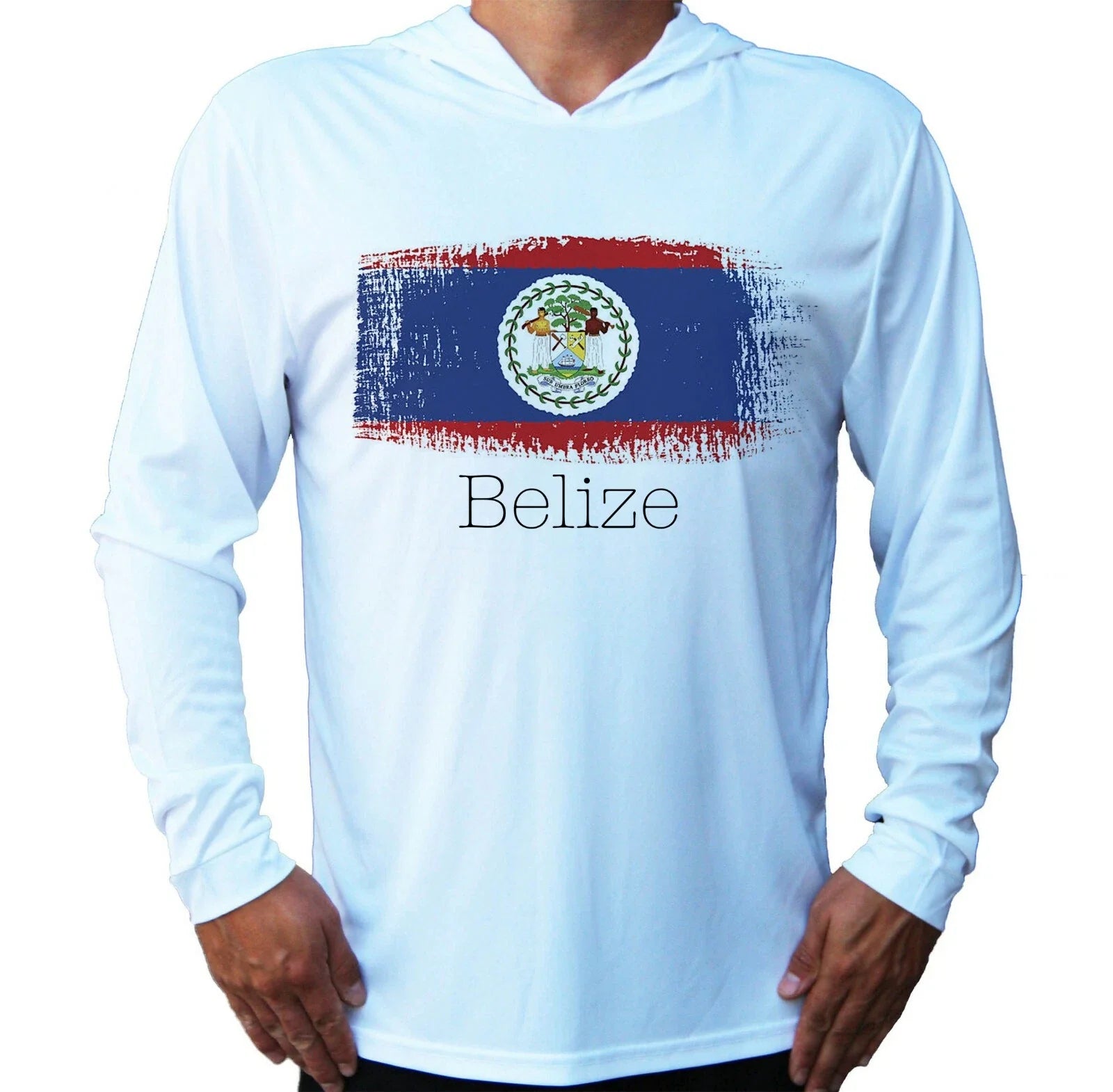 Flag of Belize Beach Sport UV Protected UPF 50 Long Sleeve T-Shirt Hood Fishing