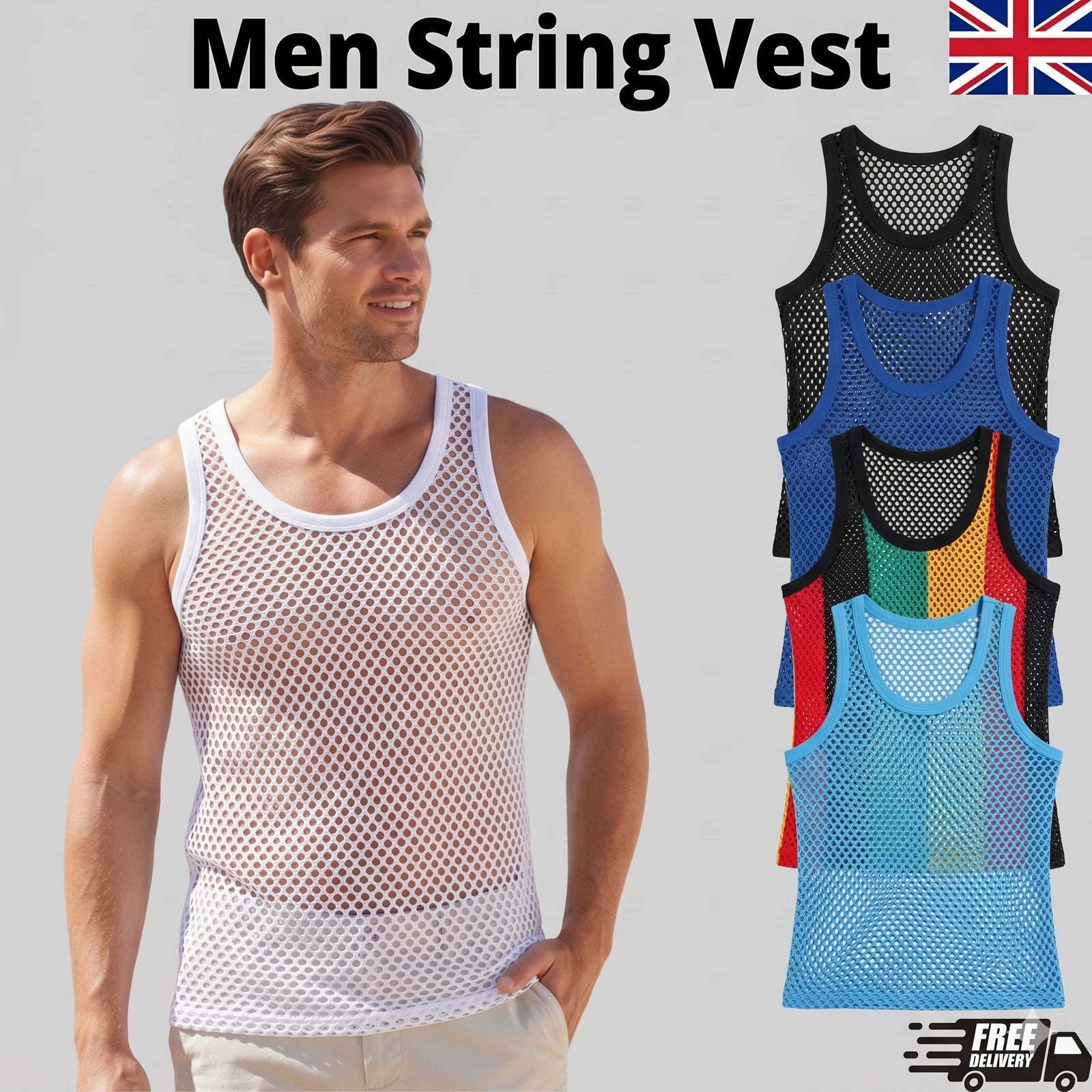 Mens String summer mesh vest top 100% cotton fishnet fitted breathable Tank Gym