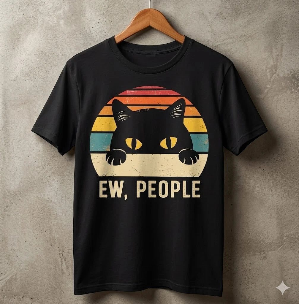 Ew People Retro Cat Funny Introvert Vintage T-Shirt - H107