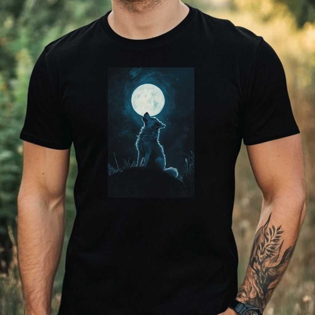 Mens Dog In The Moonlight Motif Cotton T-Shirt Size XS to 5XL