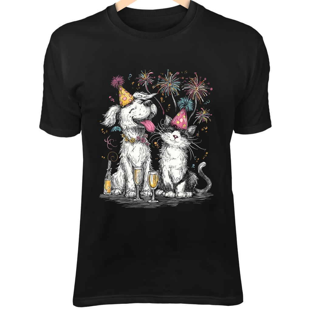 Holiday Dog & Cat Line Art - Minimalist with Party Hats, Fireworks & Champagne