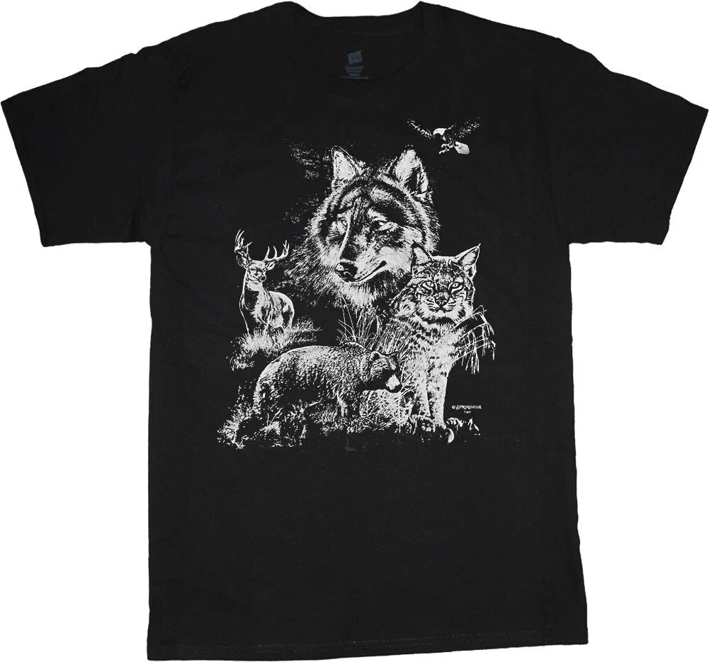 Mountain Wildlife Scene Bear Eagle Deer Bobcat T-shirt Mens Graphic Tees Gifts