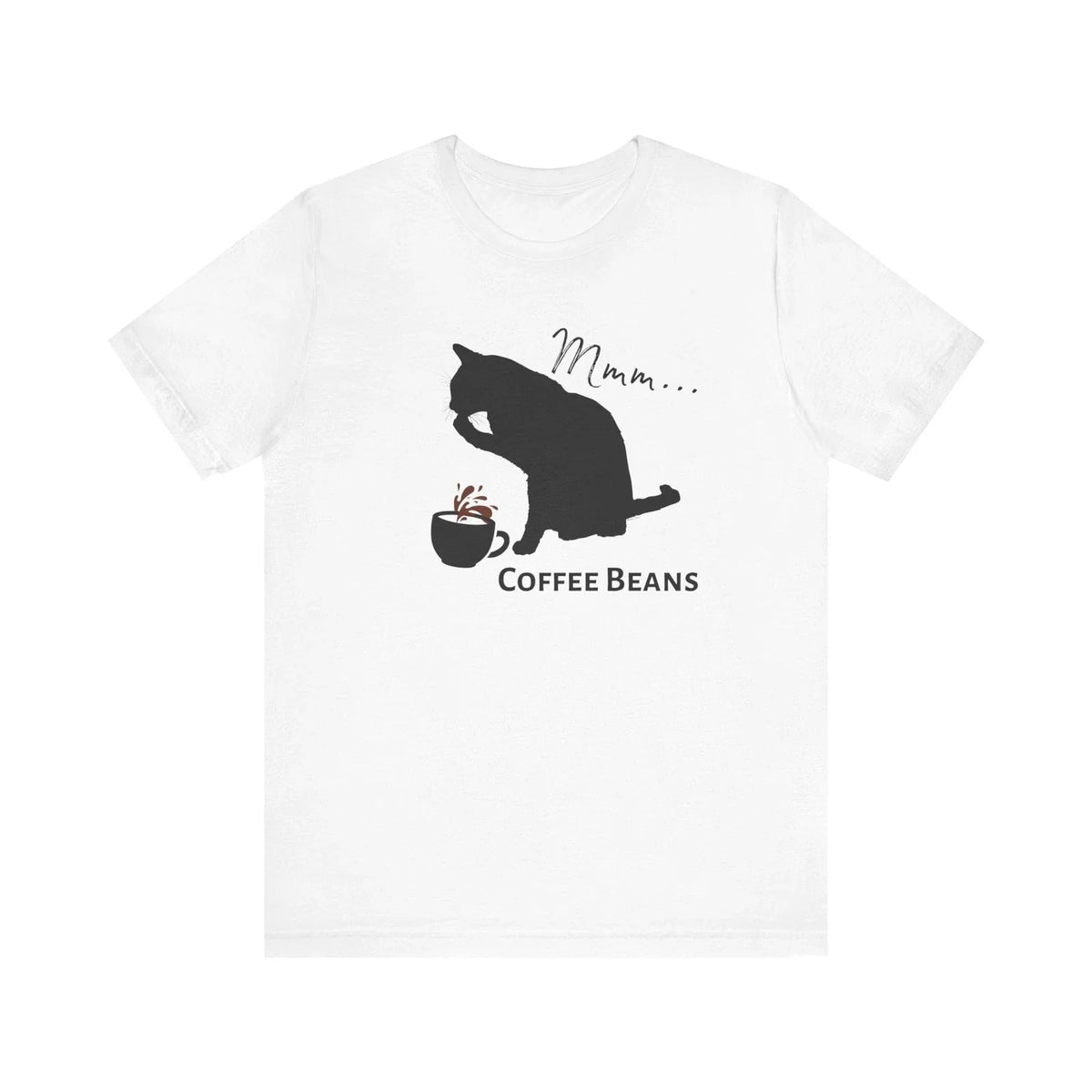 Coffee Cat Lover Shirt: Cute Cat Licking Beans Next to Coffee Cup Design