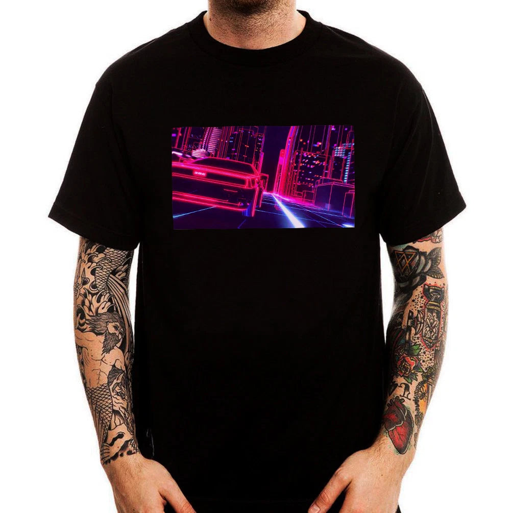 Retro Car Digital Night City Vaporwave Aesthetics Men's Cotton T-Shirt Top Tee