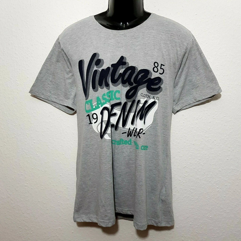 Men's T-Shirt Crew Neck Summer Shirt Grey With Lettering Size XL