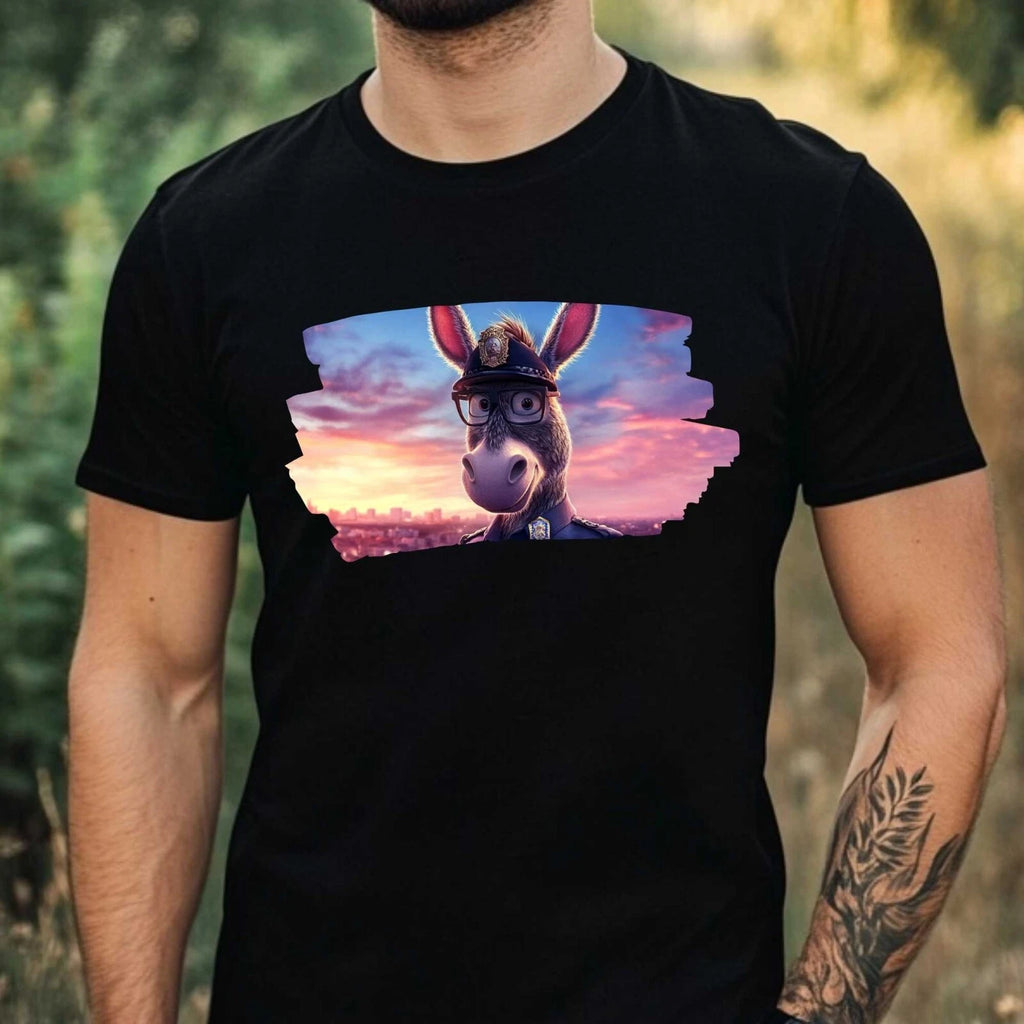 Men's Donkey as Policeman Motif Cotton T-Shirt Size XS to 5XL