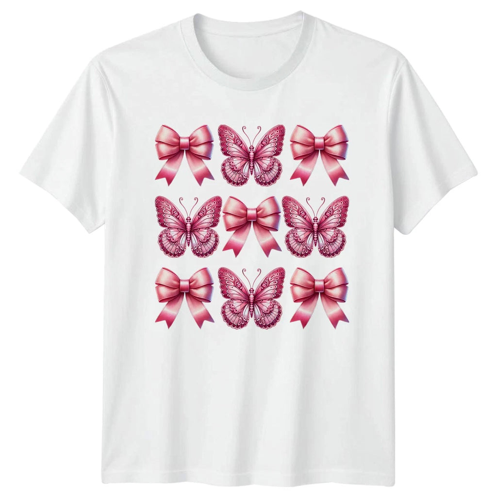 Pink Bow Butterfly Pattern Womens T-Shirt Aesthetic Gift For Her