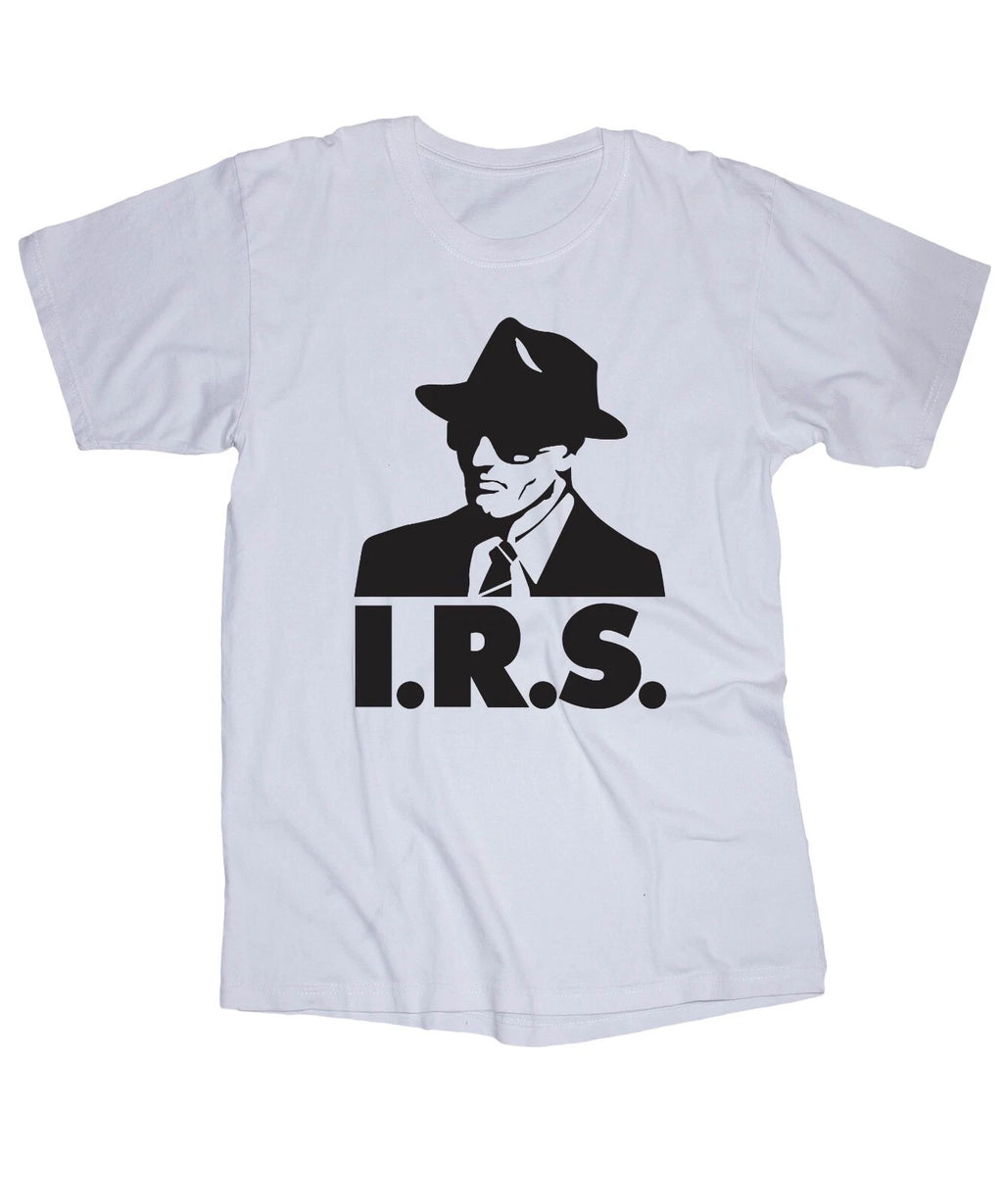 I.R.S. record logo white T-shirt IRS Music Label Punk New Wave