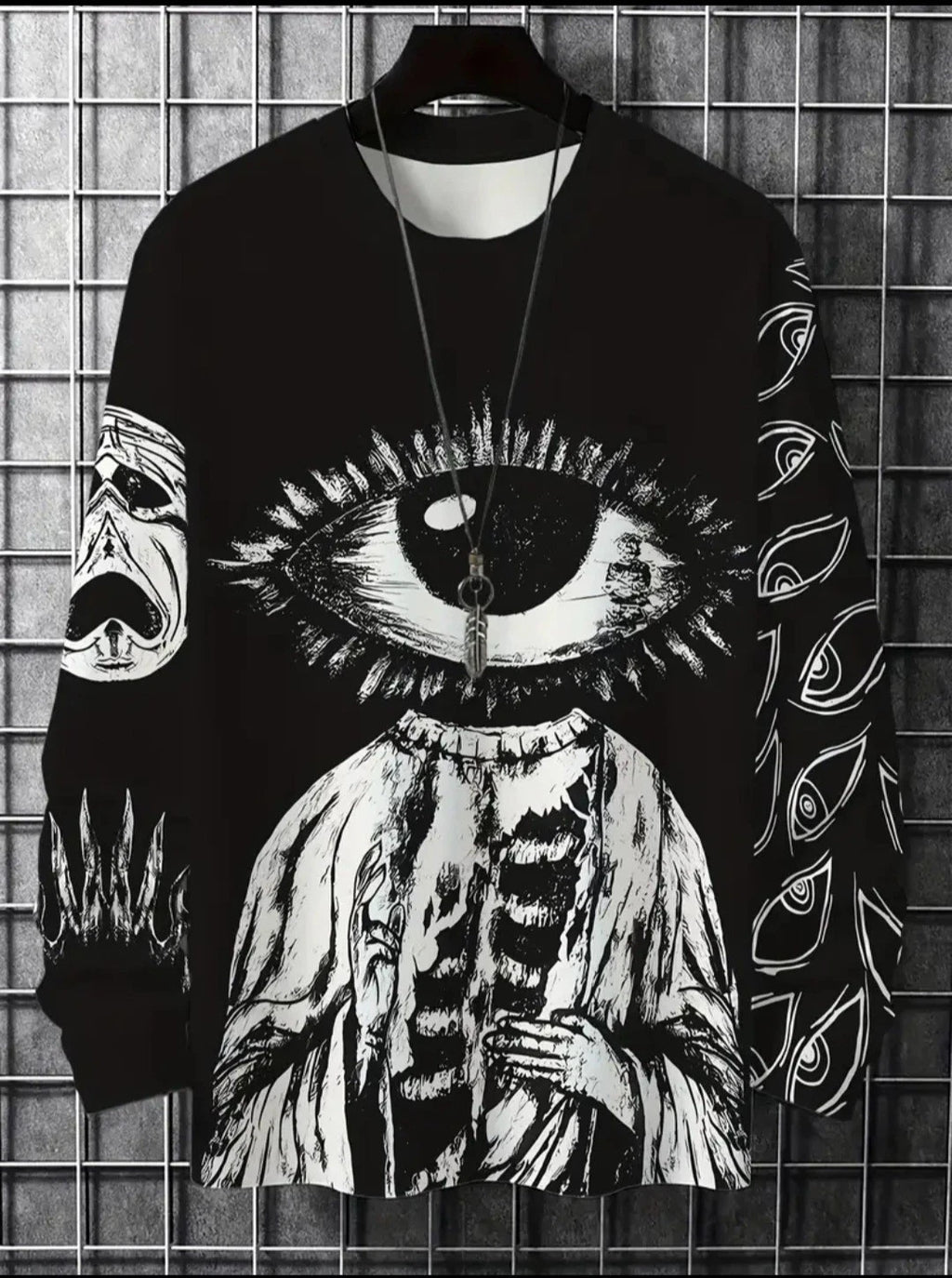 Gothic Black Long Sleeve T Shirt XL Jumper Punk Eye Skeleton Graphic Streetwear