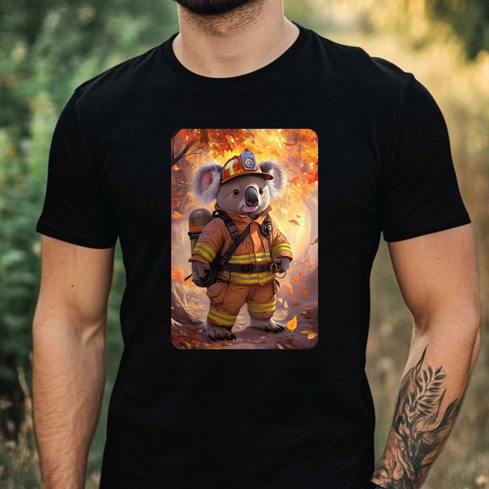 Mens Koala Firefighter Print Cotton T-Shirt Size XS to 5XL
