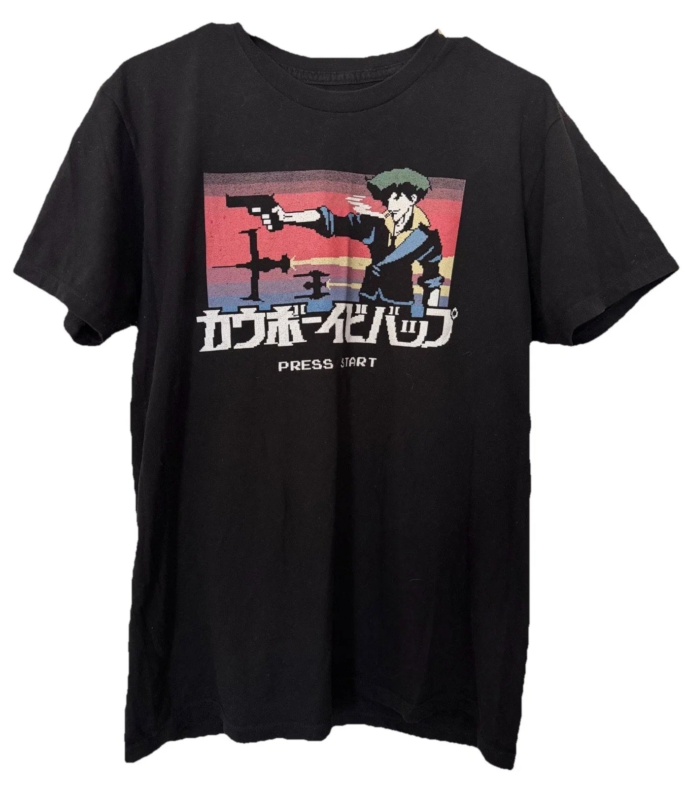 Cowboy Bebop Spike Spiegel Pixel Art Press Start Black T-Shirt Size M