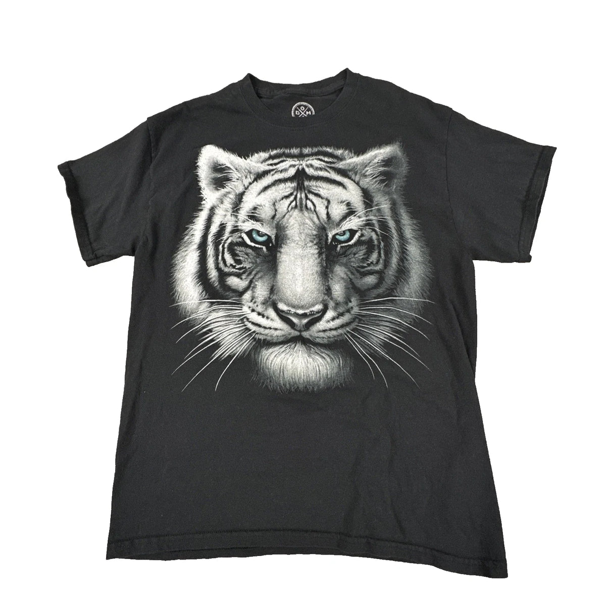 DOM Men's Black White Tiger Graphic T-Shirt Blue Eyes Size M Y2K Grunge
