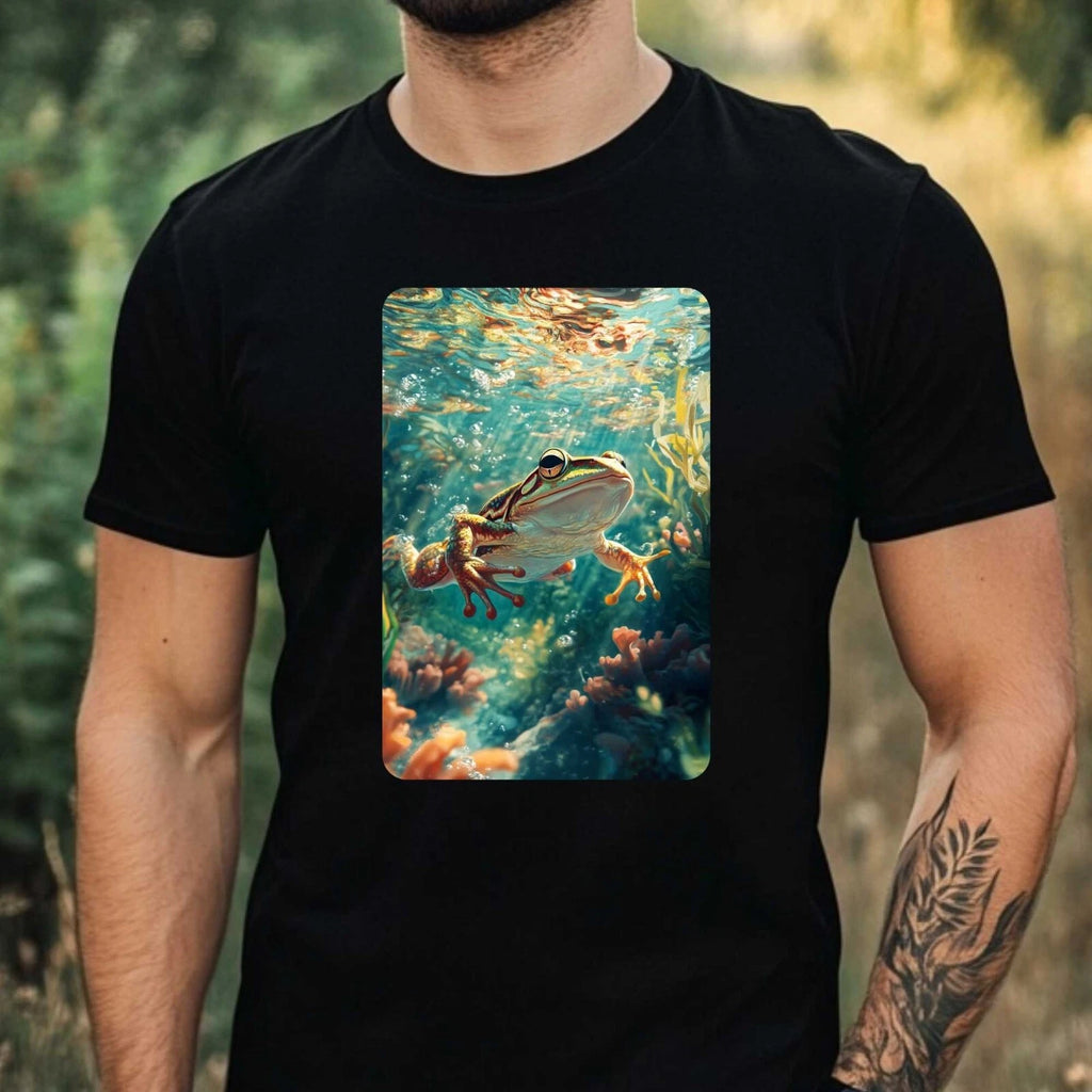 Mens Frog Swimming In Ocean Motif Cotton T-Shirt Size XS to 5XL