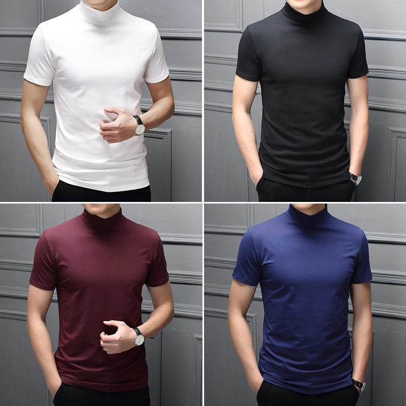 Tee Tops Short Sleeve Pullver T-Shirt Half High Collar Slim Solid Color Trendy