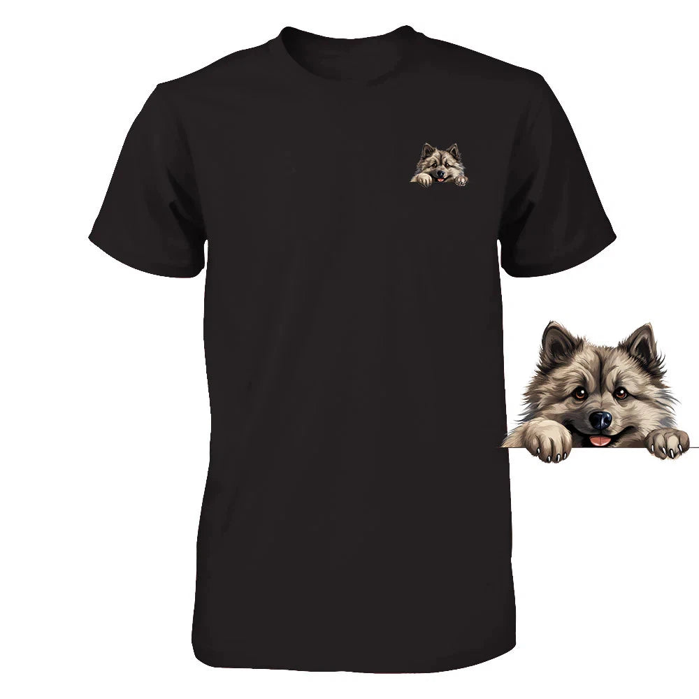 Funny Keeshond Dog Peeking Pocket Tshirt Cute Puppy Dog Lover Tee Print Gift
