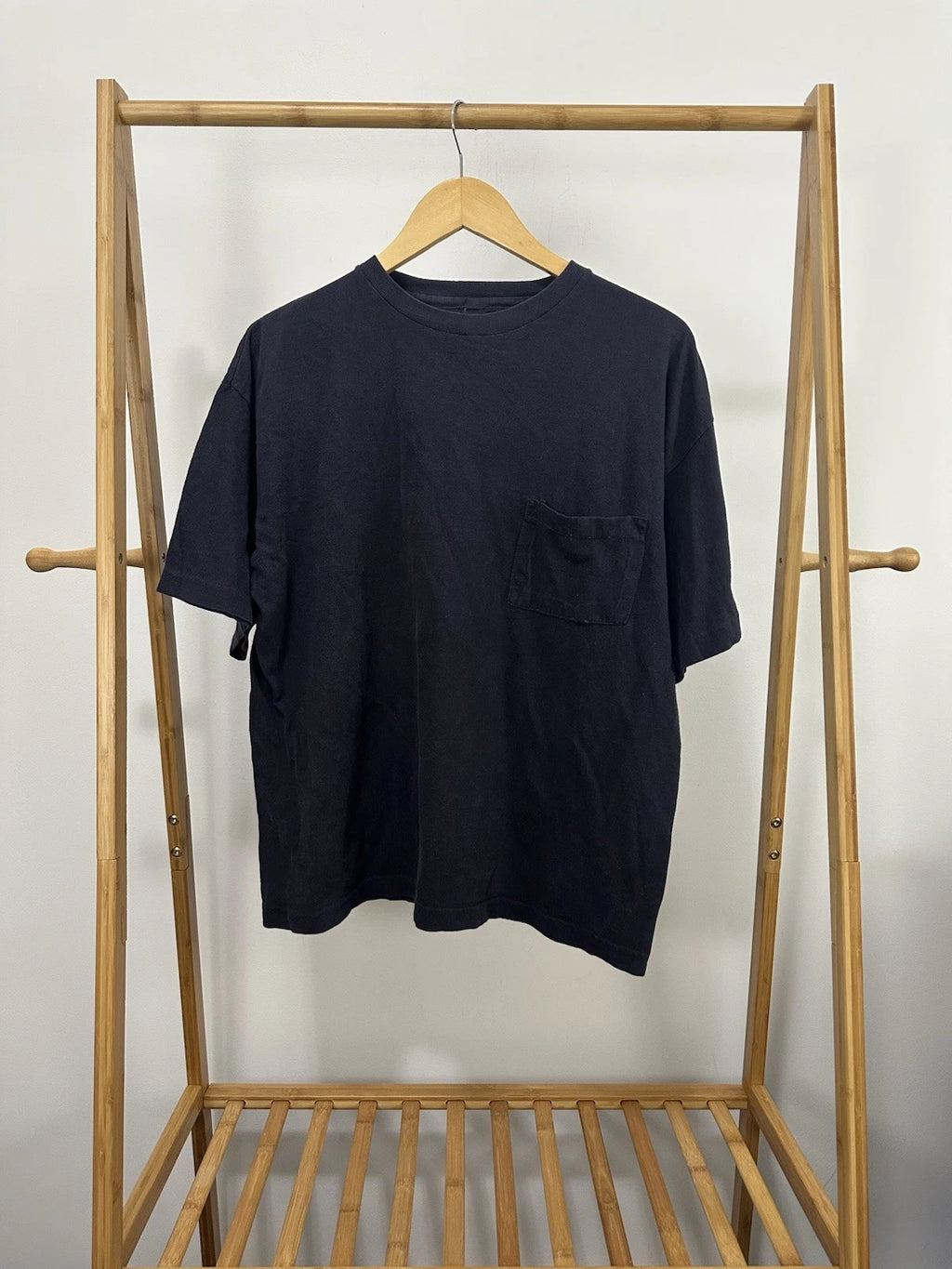 VTG 90s BOXY Dark Navy Pocket Front Worn Cotton BLANK WIP T-Shirt XL 22.5x25