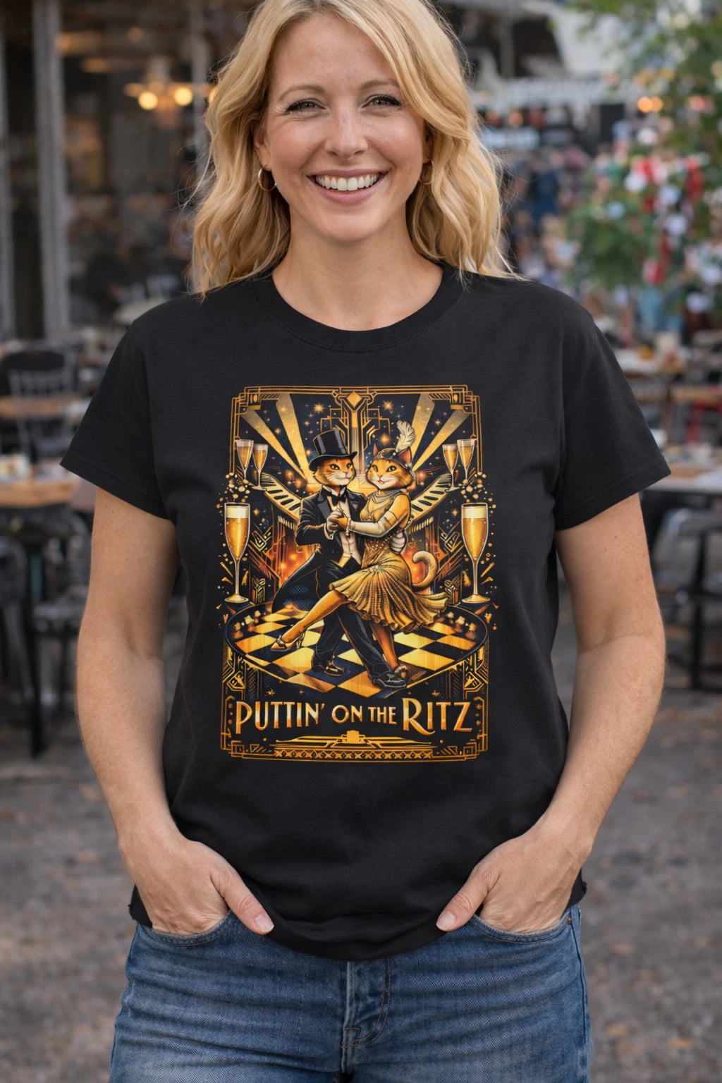 Puttin’ On The Ritz Cats T-Shirt Art Deco Dancing Cats Roaring 20s VTG Style Tee