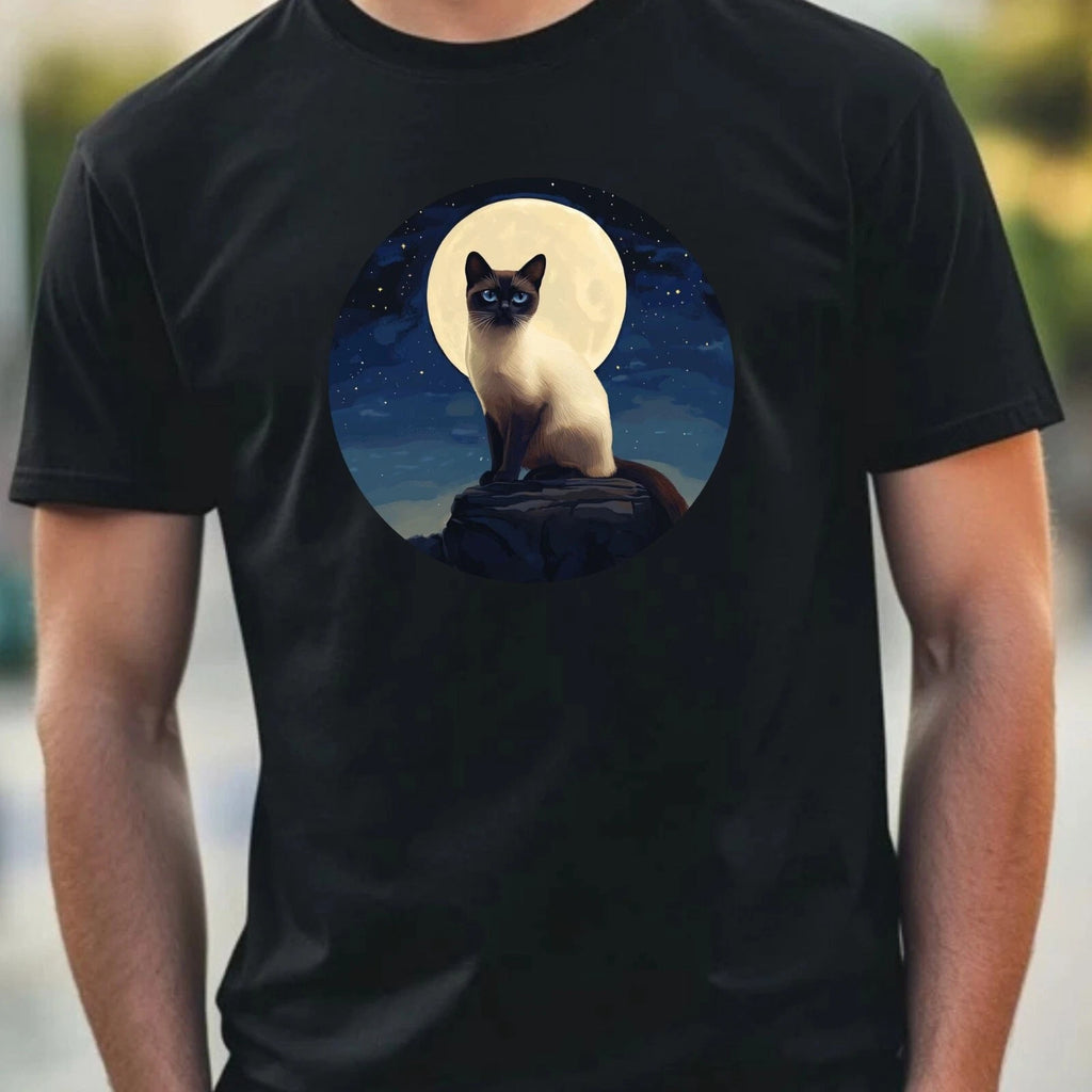 Mens Siamese Cat Full Moon Motif Cotton T-Shirt Size XS to 5XL