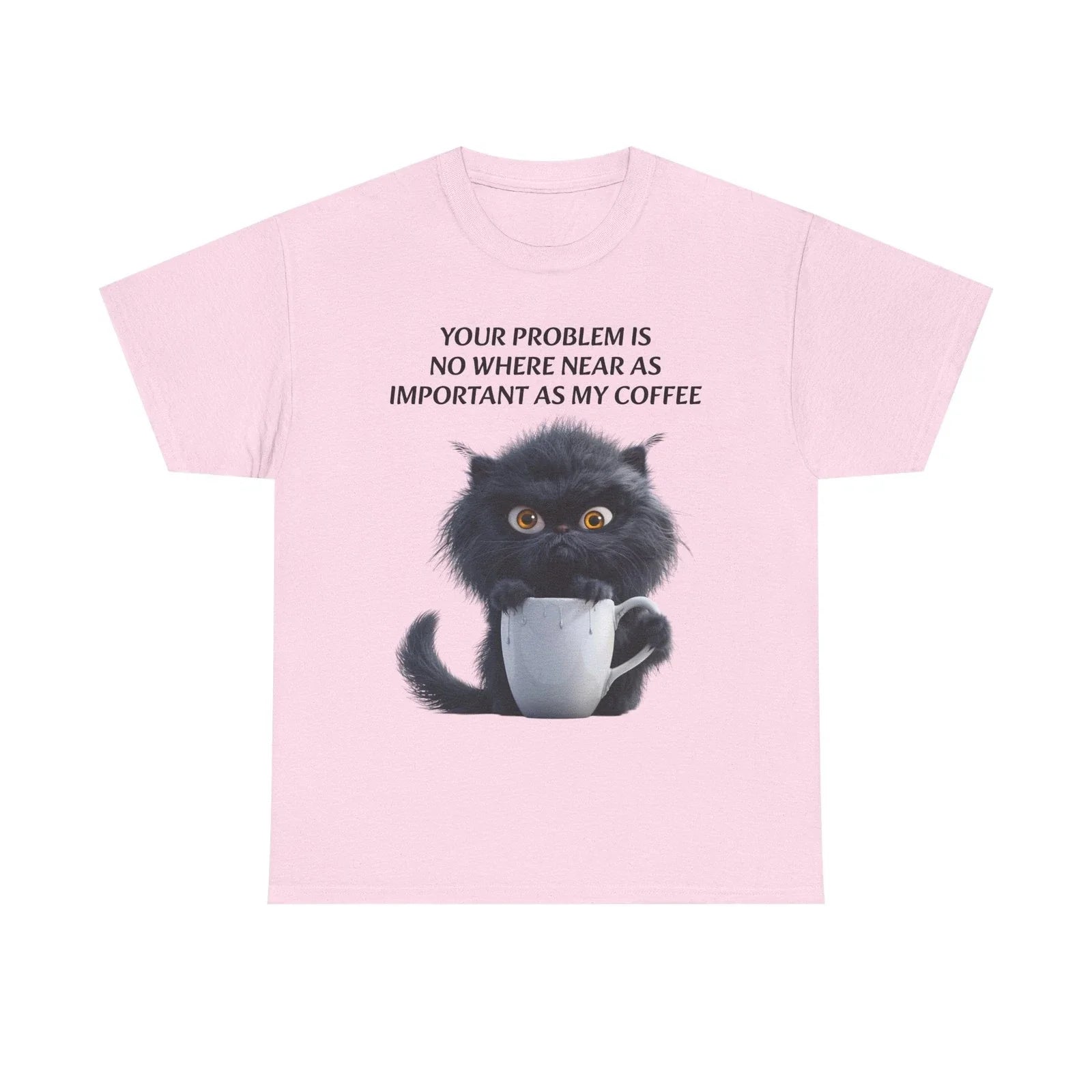 Grumpy Black Cat with Coffee T-Shirt | Funny Coffee Cat Tee