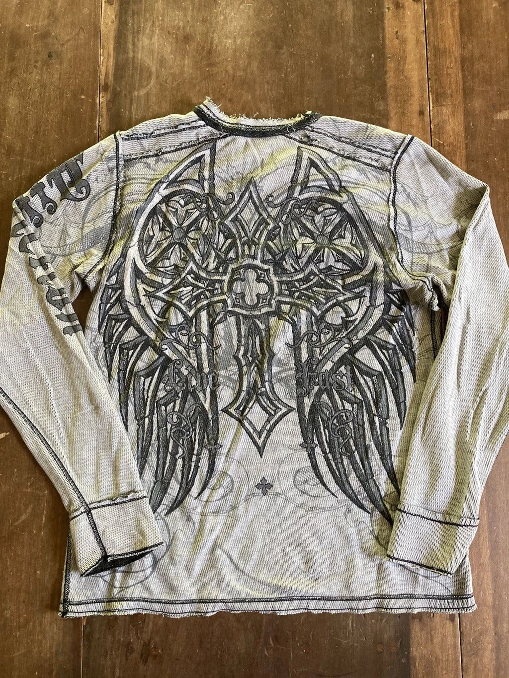 VTG Affliction Cross Wings Death Emo Grunge Goth Thermal LS REVERSIBLE Shirt L