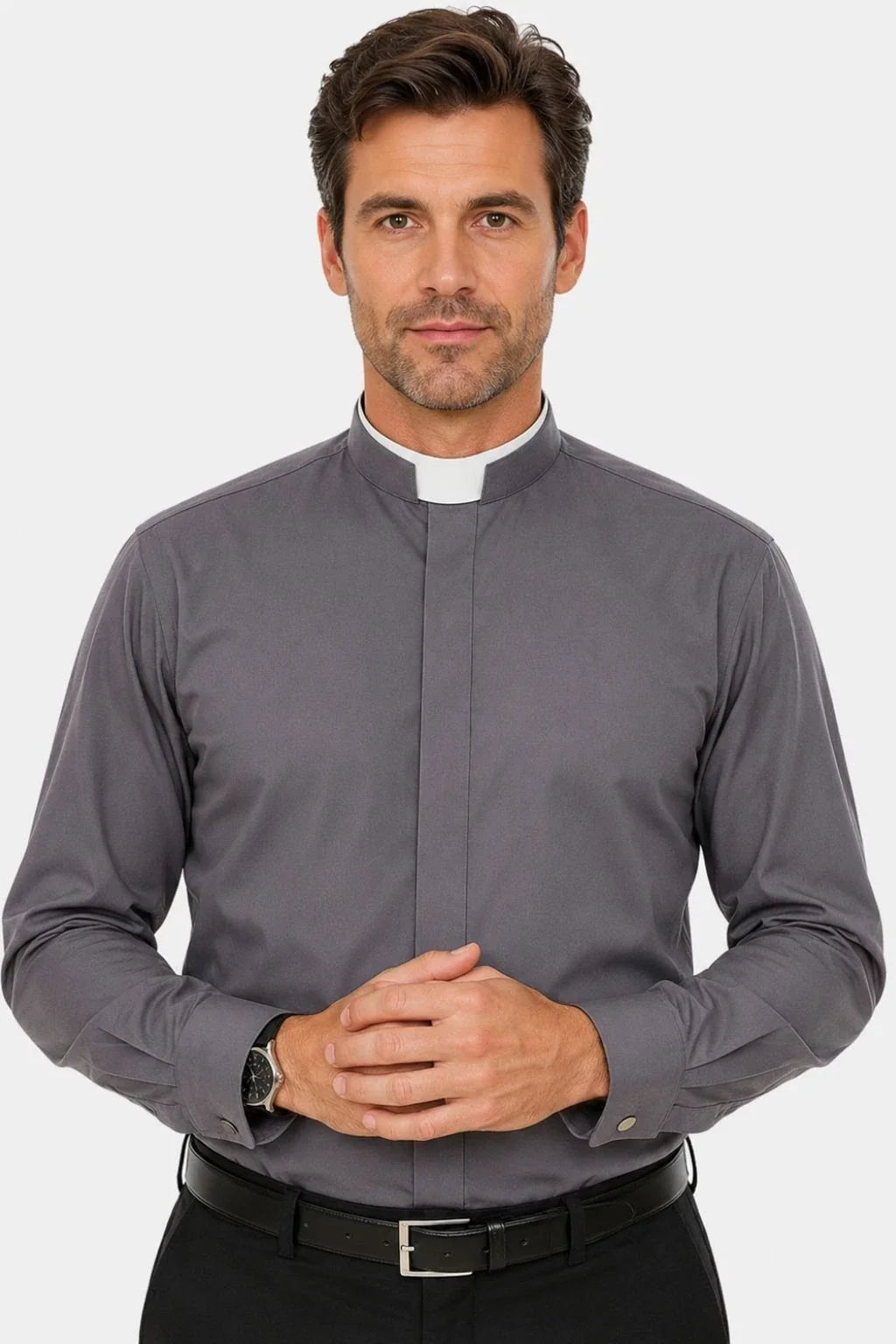 Men's Clergy Shirt Roman Collar Long Sleeve Grey Pastor Priest Church Wear