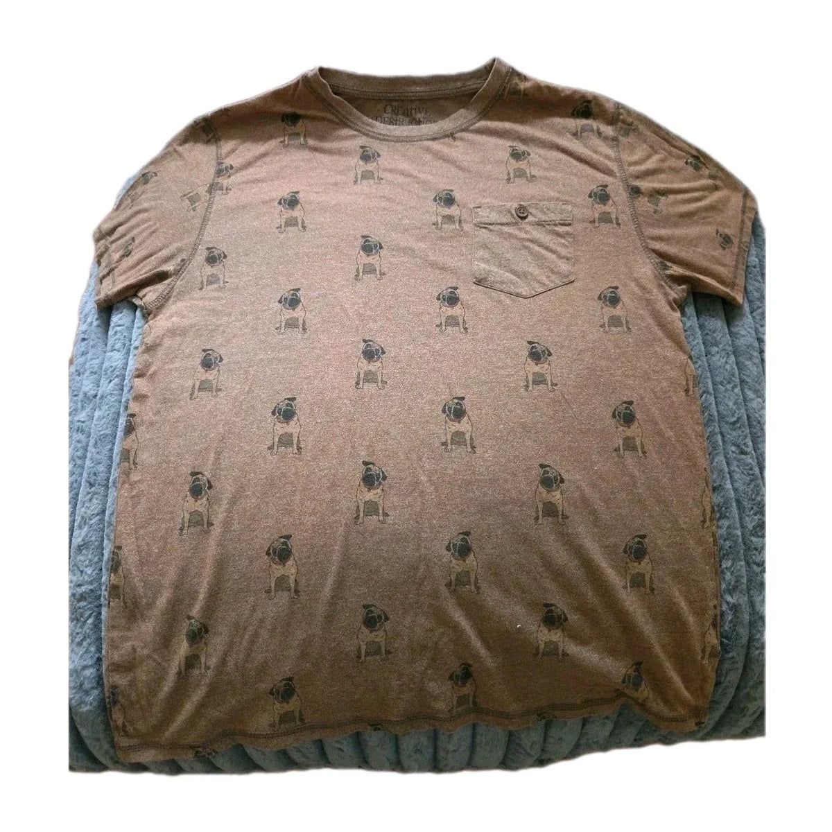 Creative Destruction Chocolate Brown Pug T Shirt w/Button Front Pocket-Sz L-PUGS