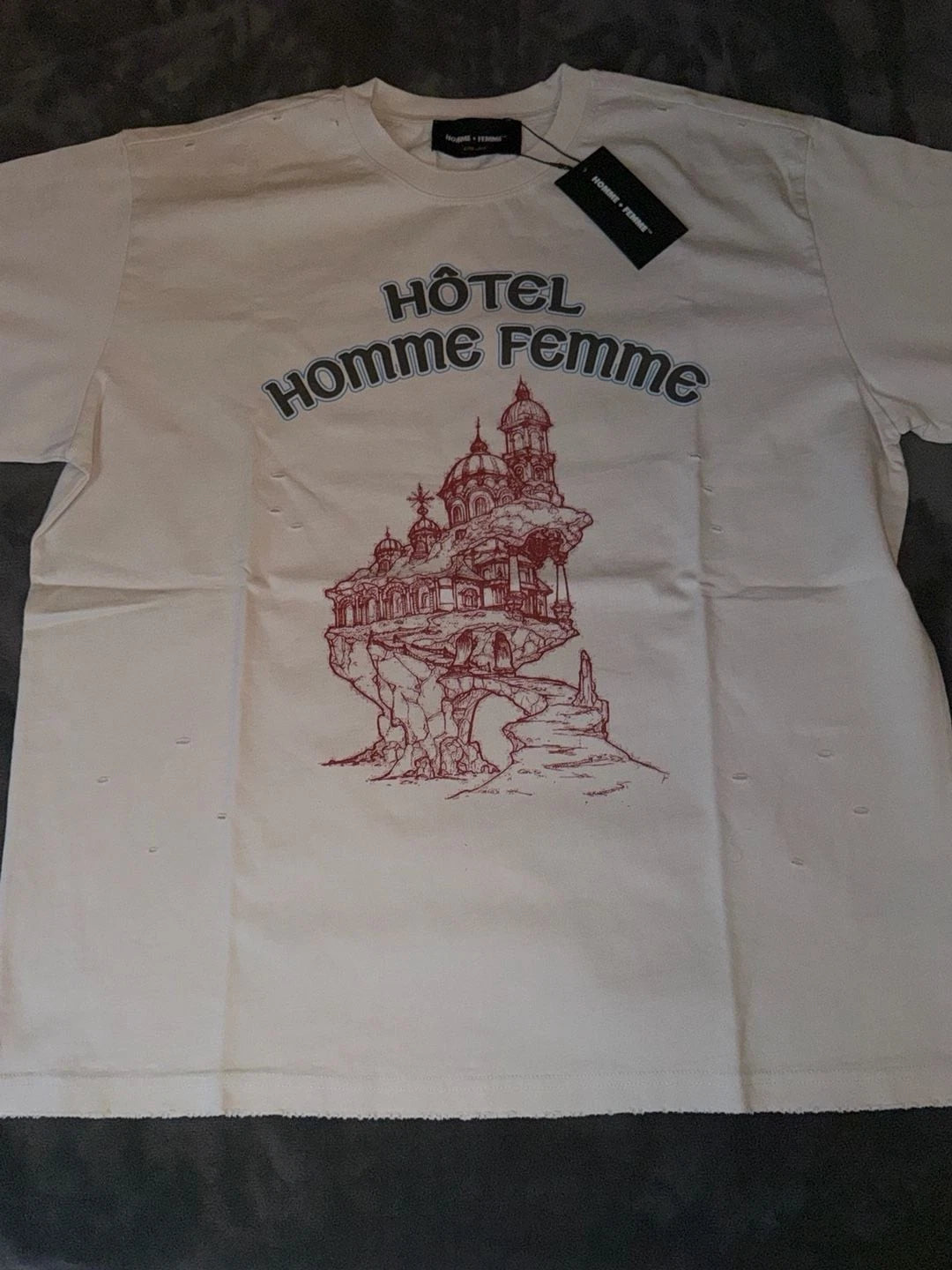 Homme + Femme Hotel Graphic Distressed T-Shirt In Cream size XL