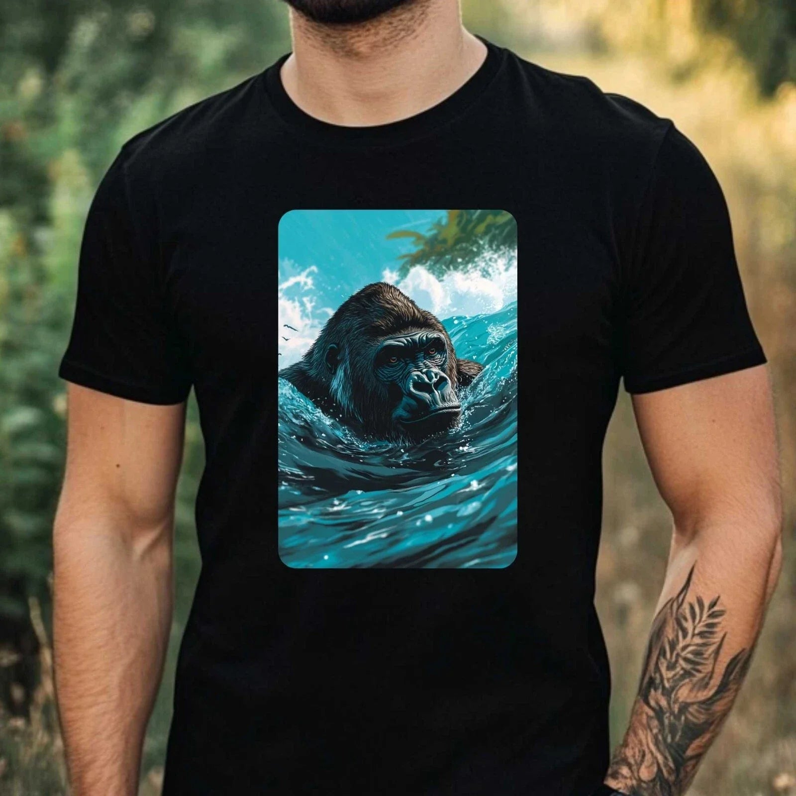 Mens Gorilla Swimming in Ocean Motif Cotton T-Shirt Size XS to 5XL