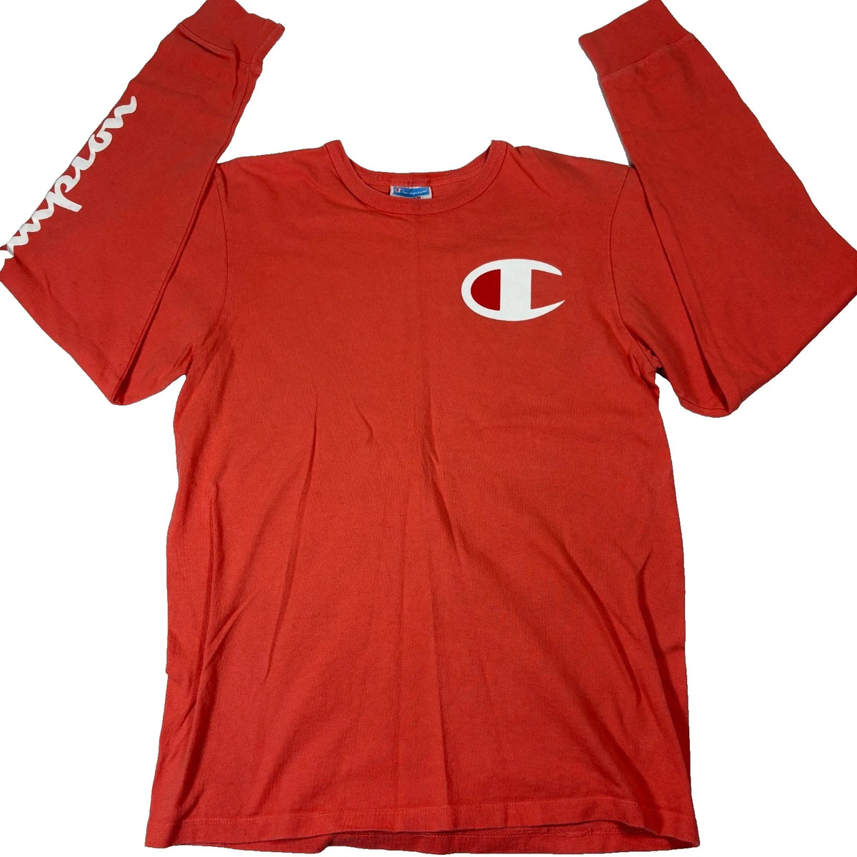Champion Men Long Sleeve T Shirt Size M Red Logo Spellout Graphic Tee Y2K Street
