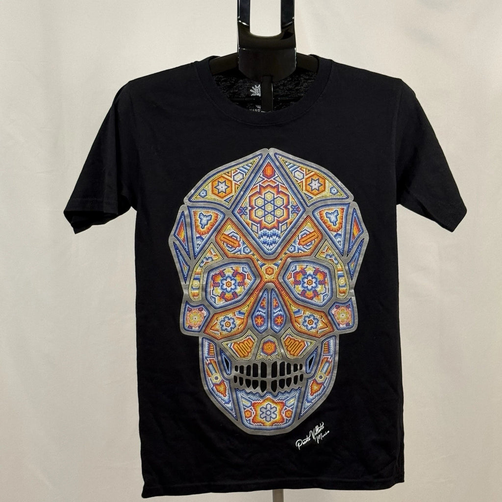 Mano Santa Skull Graphic T Shirt Small Black Colorful Mosaic Art Festival Tee