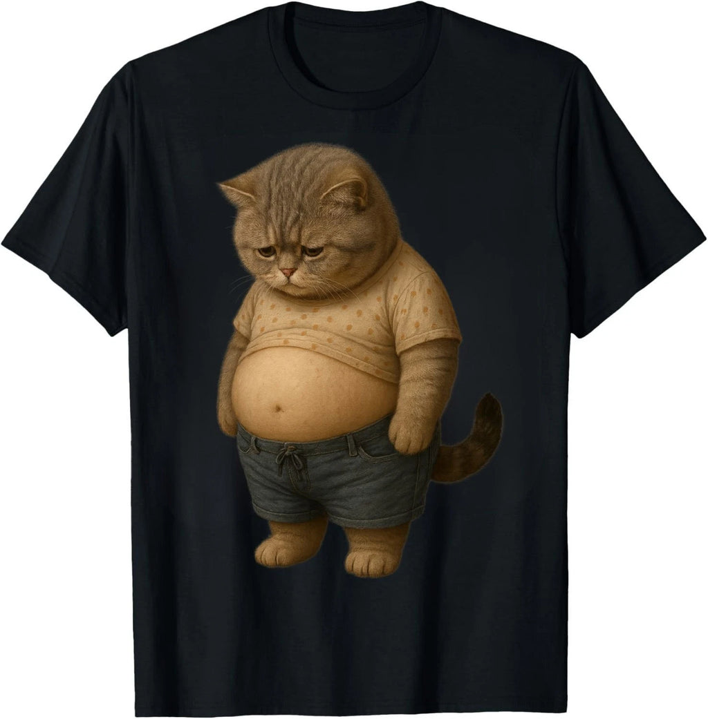 Funny Chubby Cat Meme T-Shirt Cute Sad Cat Gift Unisex Graphic T-Shirt