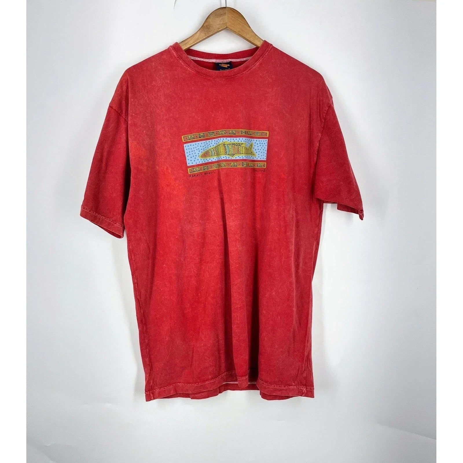 Talisma Paraty Brasil Tribal Fish Graphic Tee Mens Red Mineral Wash Cotton Shirt