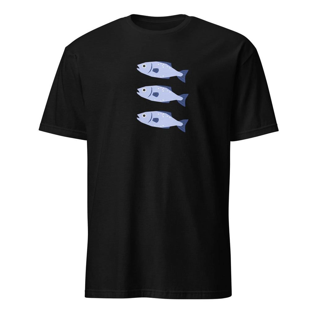 Three Blue Fish Minimalist T-Shirt - Coastal Nautical Graphic, Ocean Art Tee
