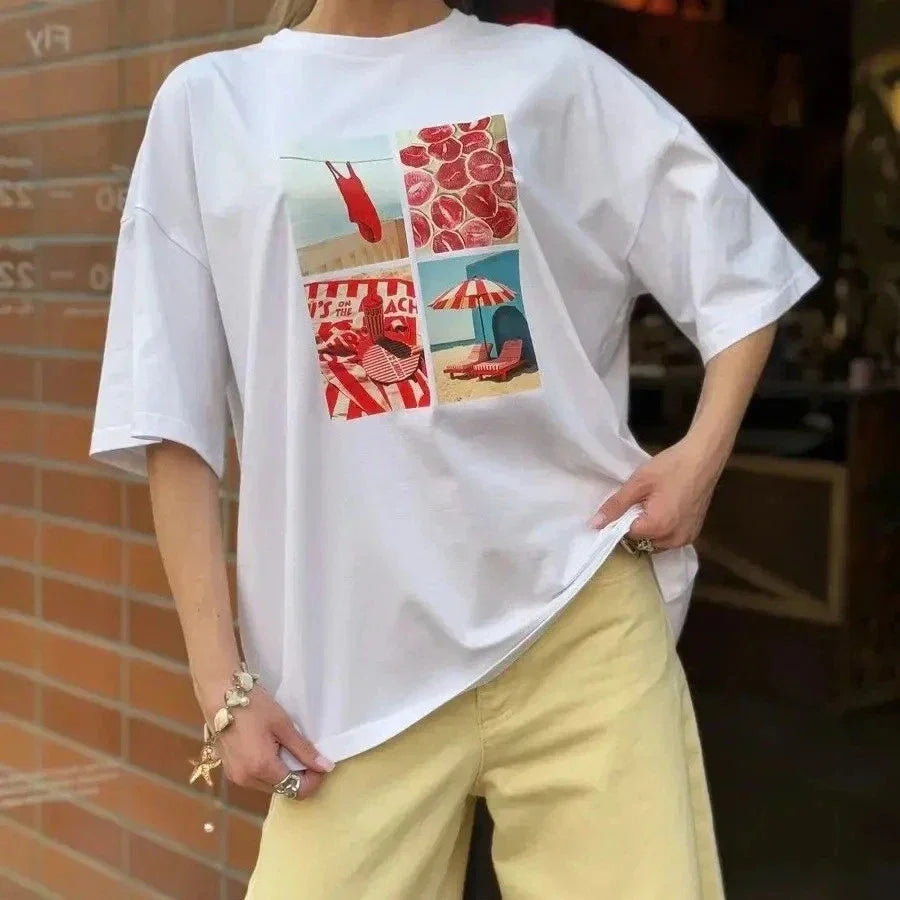 Retro Style Cotton Graphic Tops Cartoon INS Style Street Loose Summer Vacation