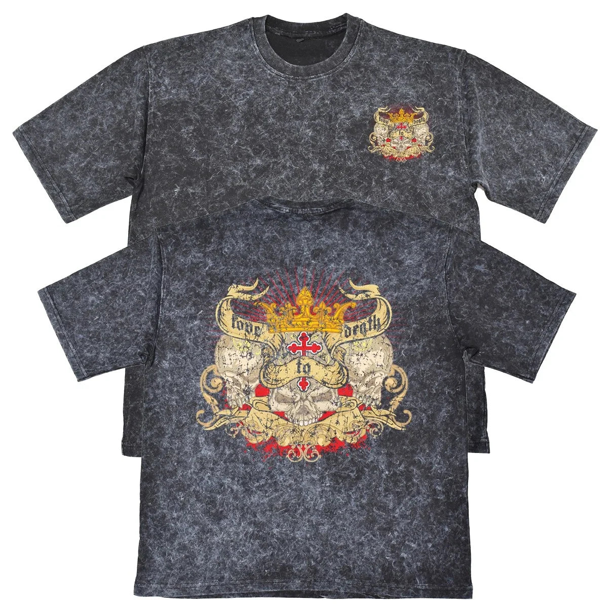 Love To Death Mens Carbon Grey Heavyweight 240gsm Vintage T-Shirt Gothic Skull