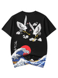 Niepce Men's Crane and Waves Graphic Tee Japanese Streetwear T-Shirt