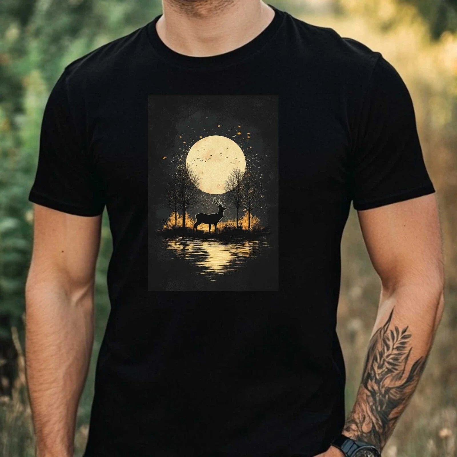 Mens Deer In The Moonlight Motif Cotton T-Shirt Size XS to 5XL