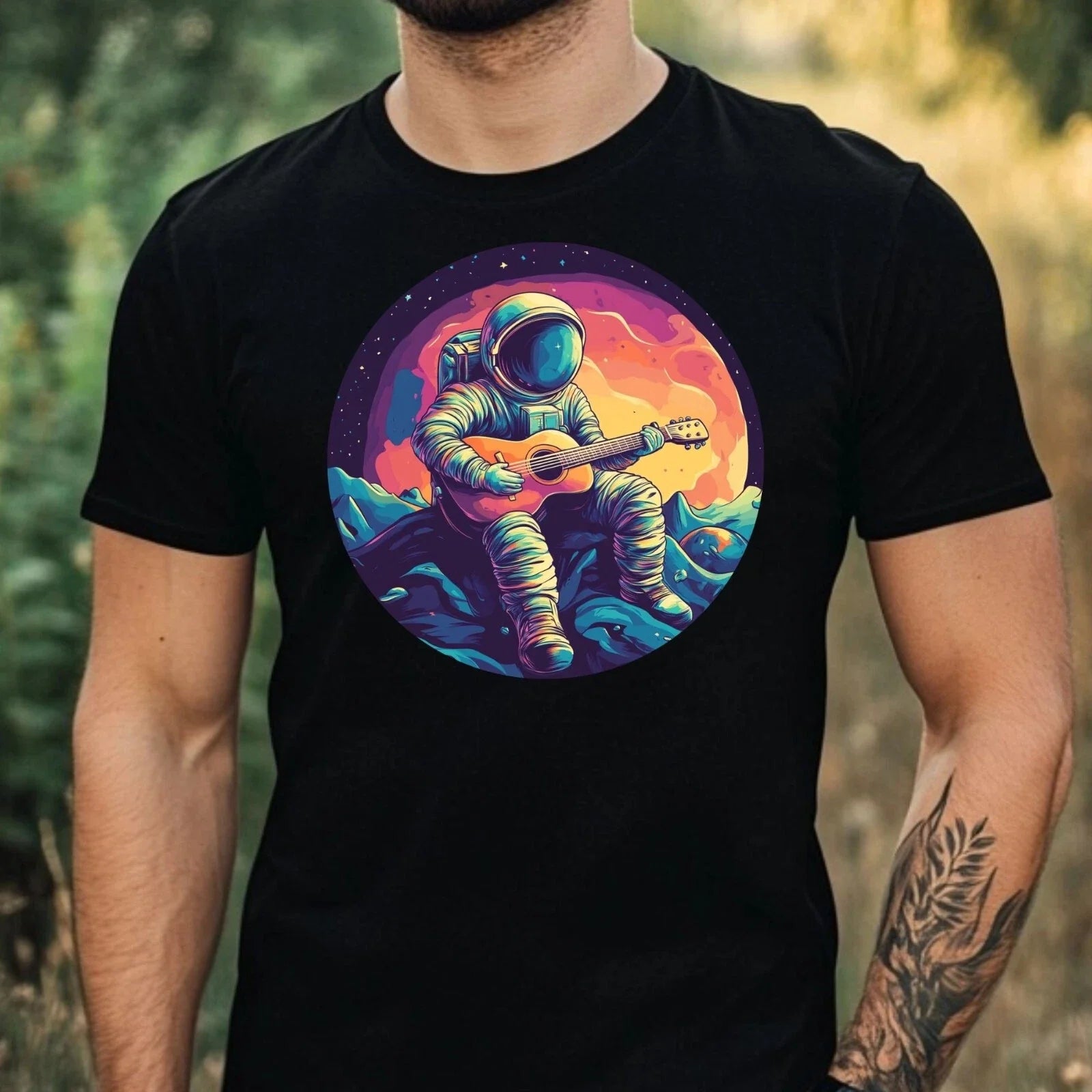 Mens Astronaut Playing Guitar Print Cotton T-Shirt Size XS to 5XL