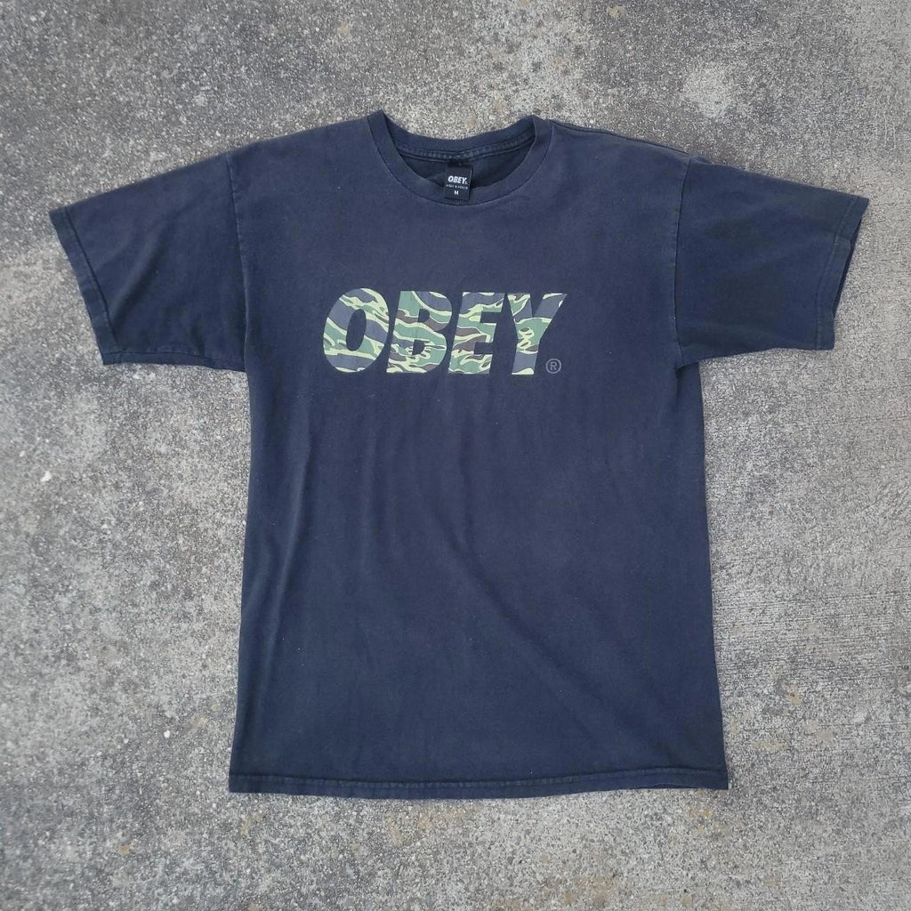 Y2K Obey Camo Logo Tee Size Medium Faded Black Shirt